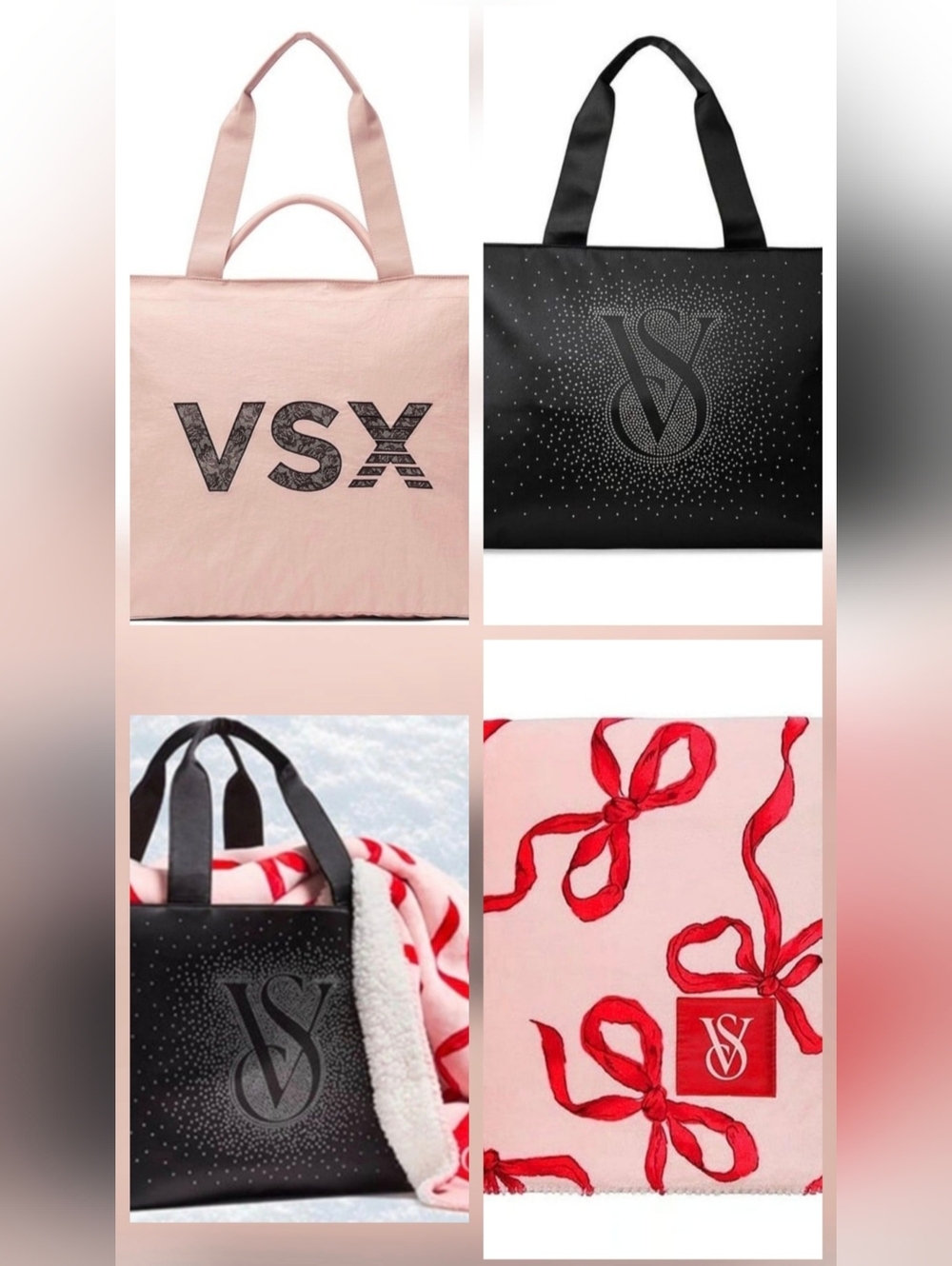 2 Brand New Victoria Secret bags totes pink VSX black rhinestone pink blanket